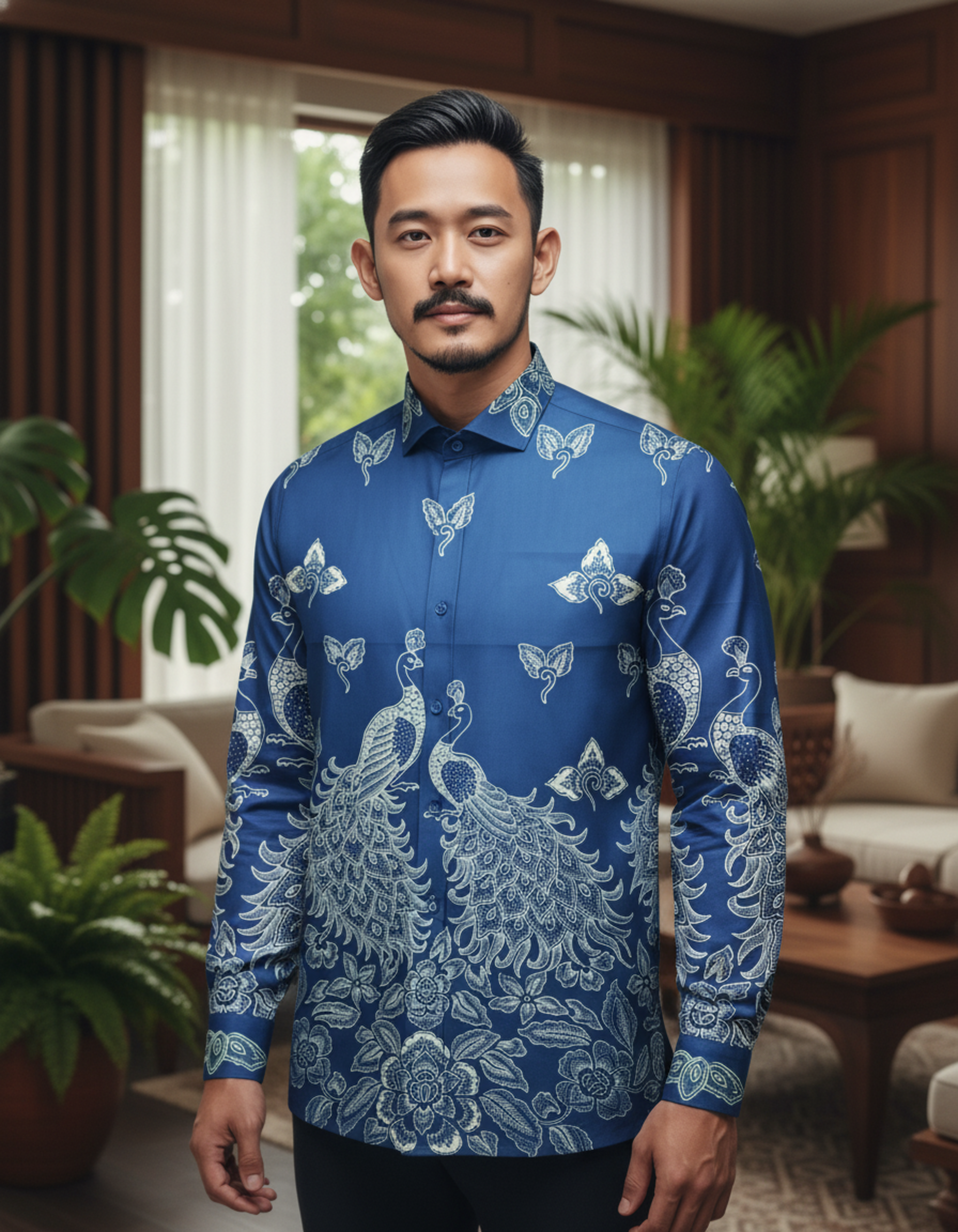 Pola kemeja batik tulis motif sepasang merak biru di atas kain katun sutra, memberi nuansa wibawa dan keindahan.