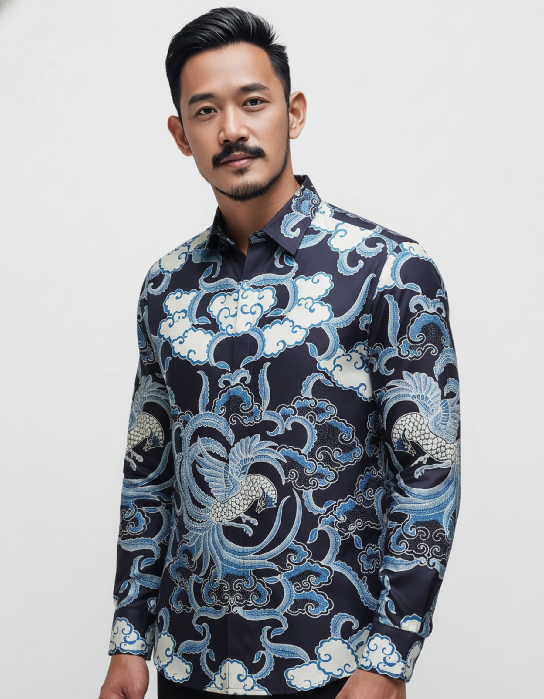 Kemeja batik tulis sutra motif Burung Hong dan Mega Mendung biru, menampilkan kesan agung dan berwibawa.