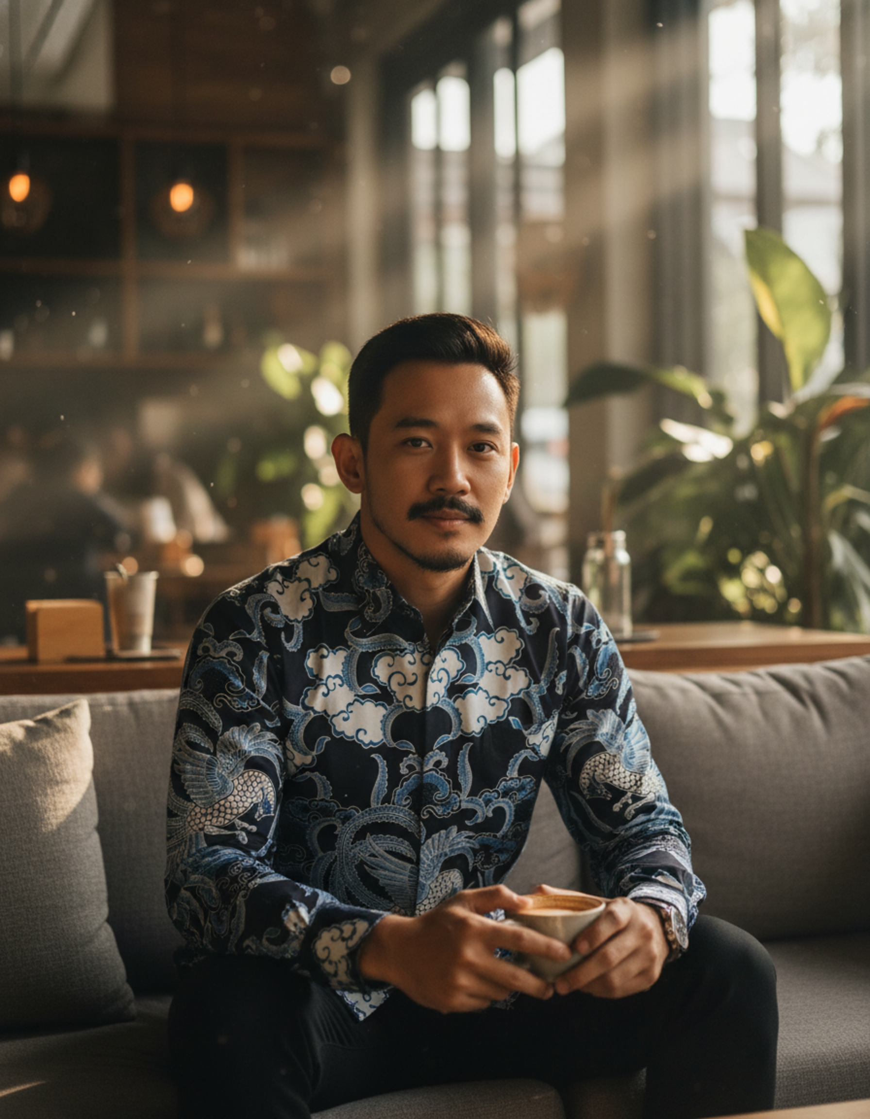 Kemeja batik tulis sutra motif Burung Hong dan Mega Mendung biru, menampilkan kesan agung dan berwibawa.