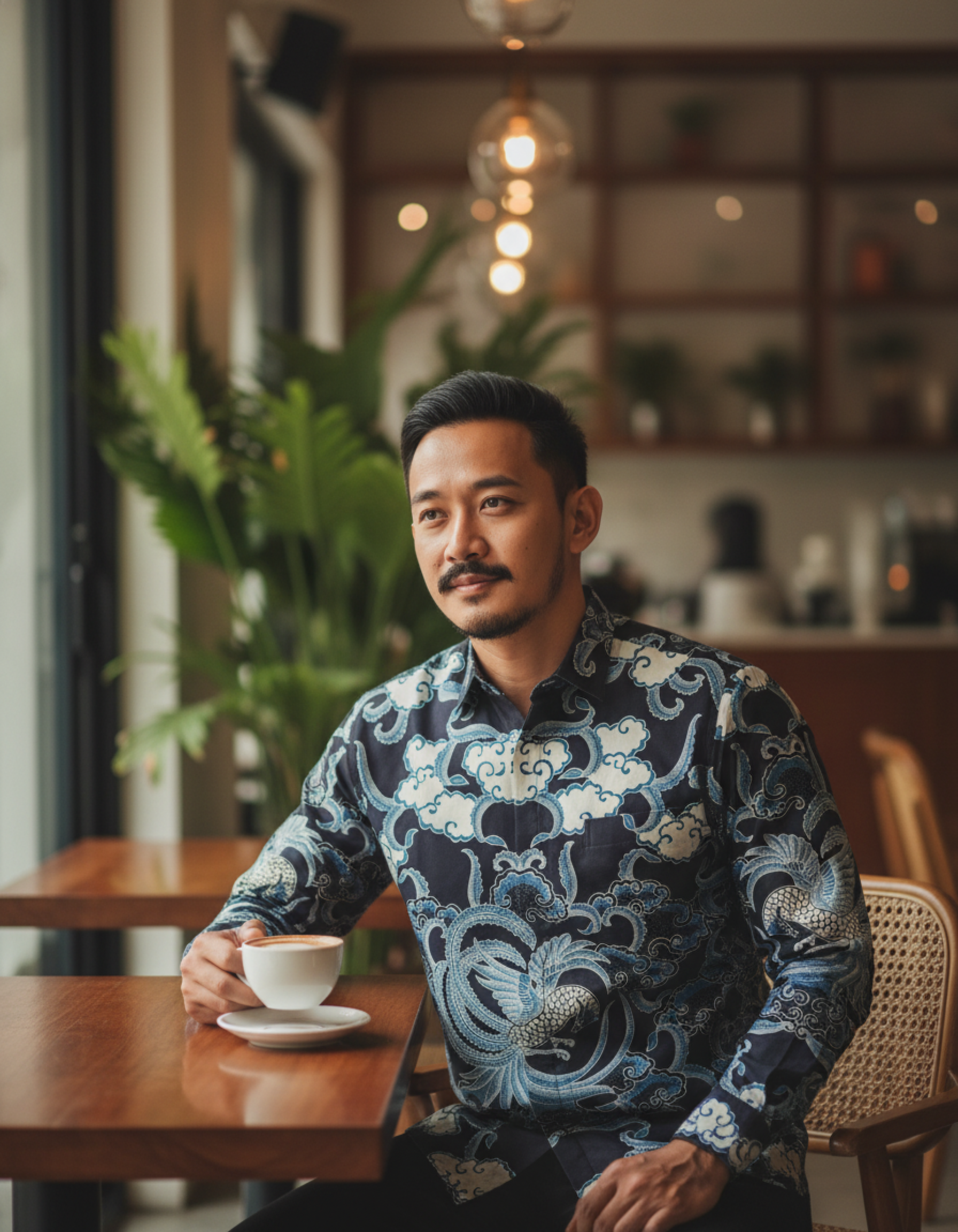 Kemeja batik tulis sutra motif Burung Hong dan Mega Mendung biru, menampilkan kesan agung dan berwibawa.