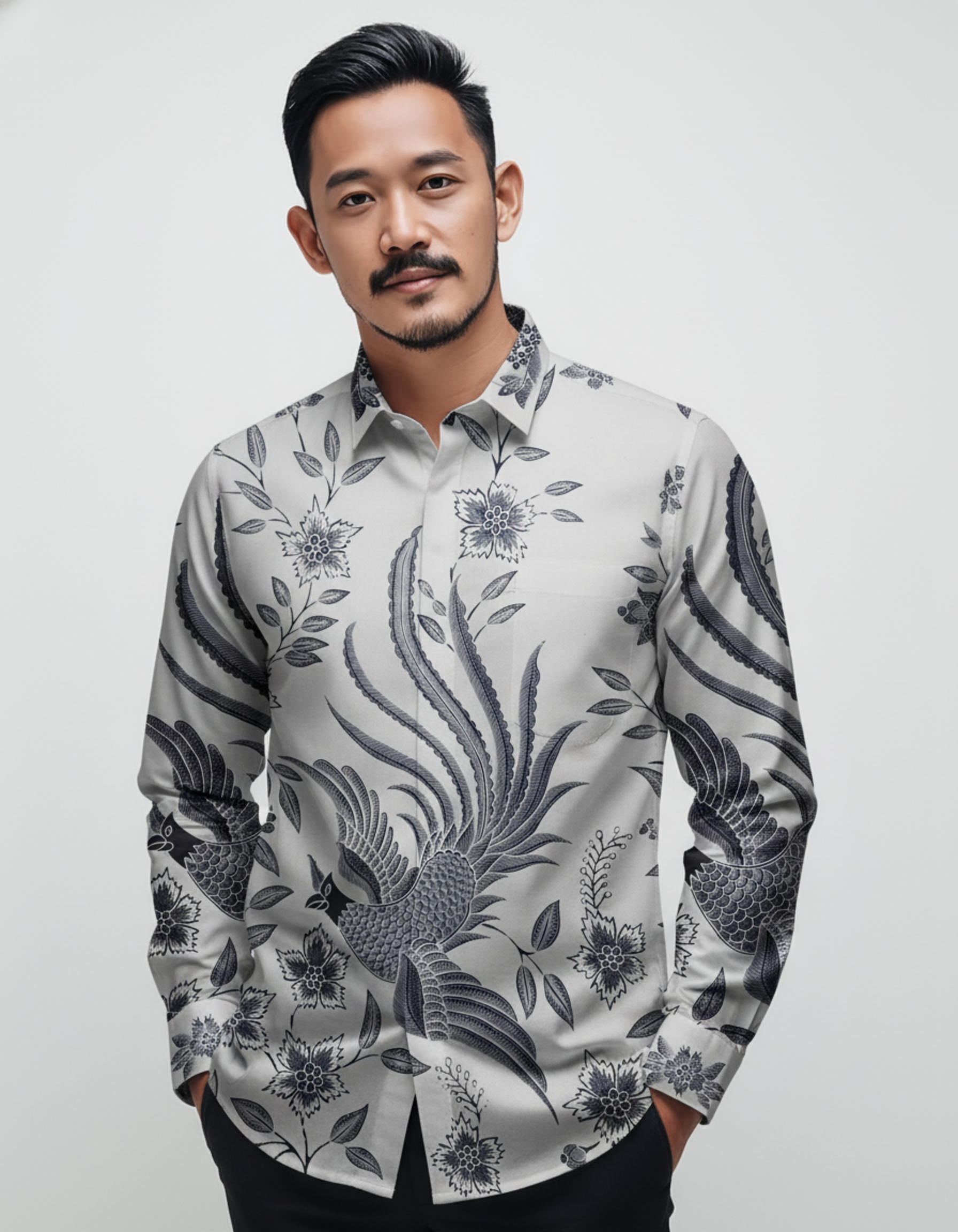 Mockup kemeja batik tulis lengan panjang motif Burung Hong (Phoenix) dalam palet warna abu yang tenang di atas kain katun primissima.