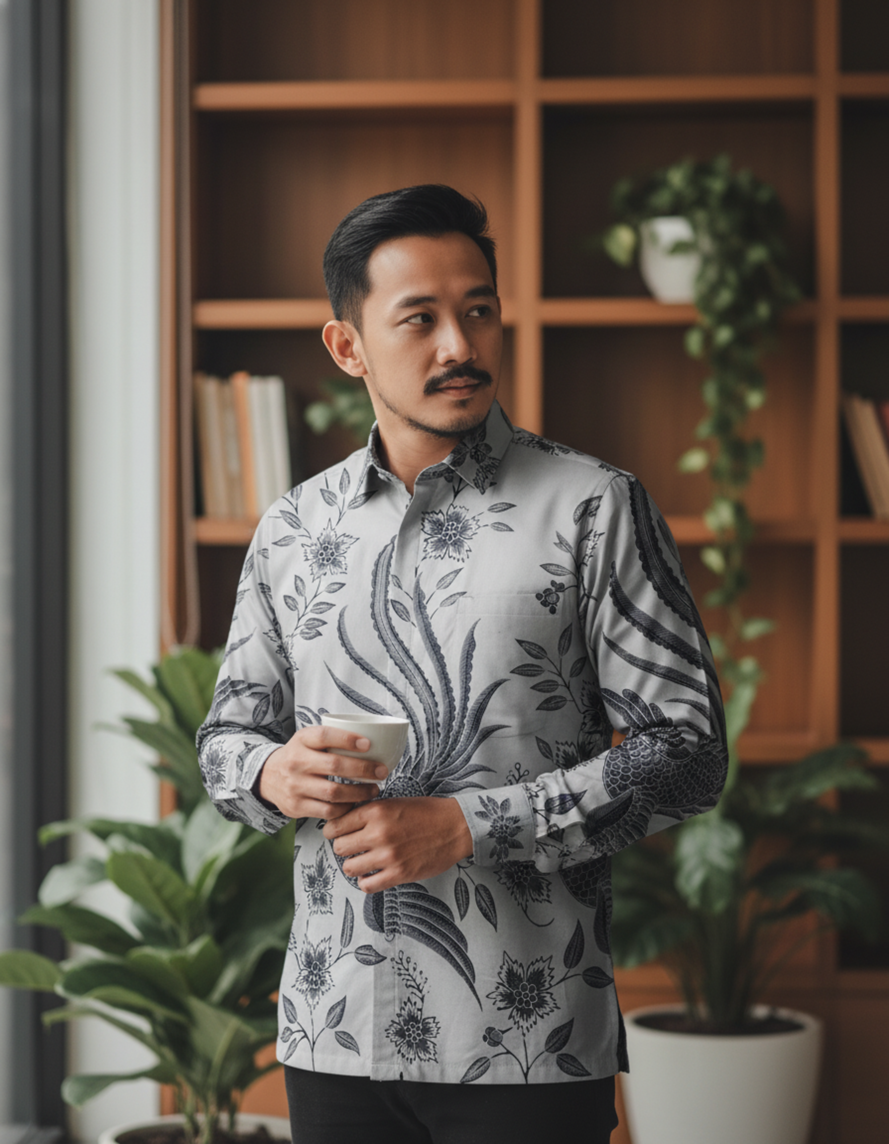 Mockup kemeja batik tulis lengan panjang motif Burung Hong (Phoenix) dalam palet warna abu yang tenang di atas kain katun primissima.
