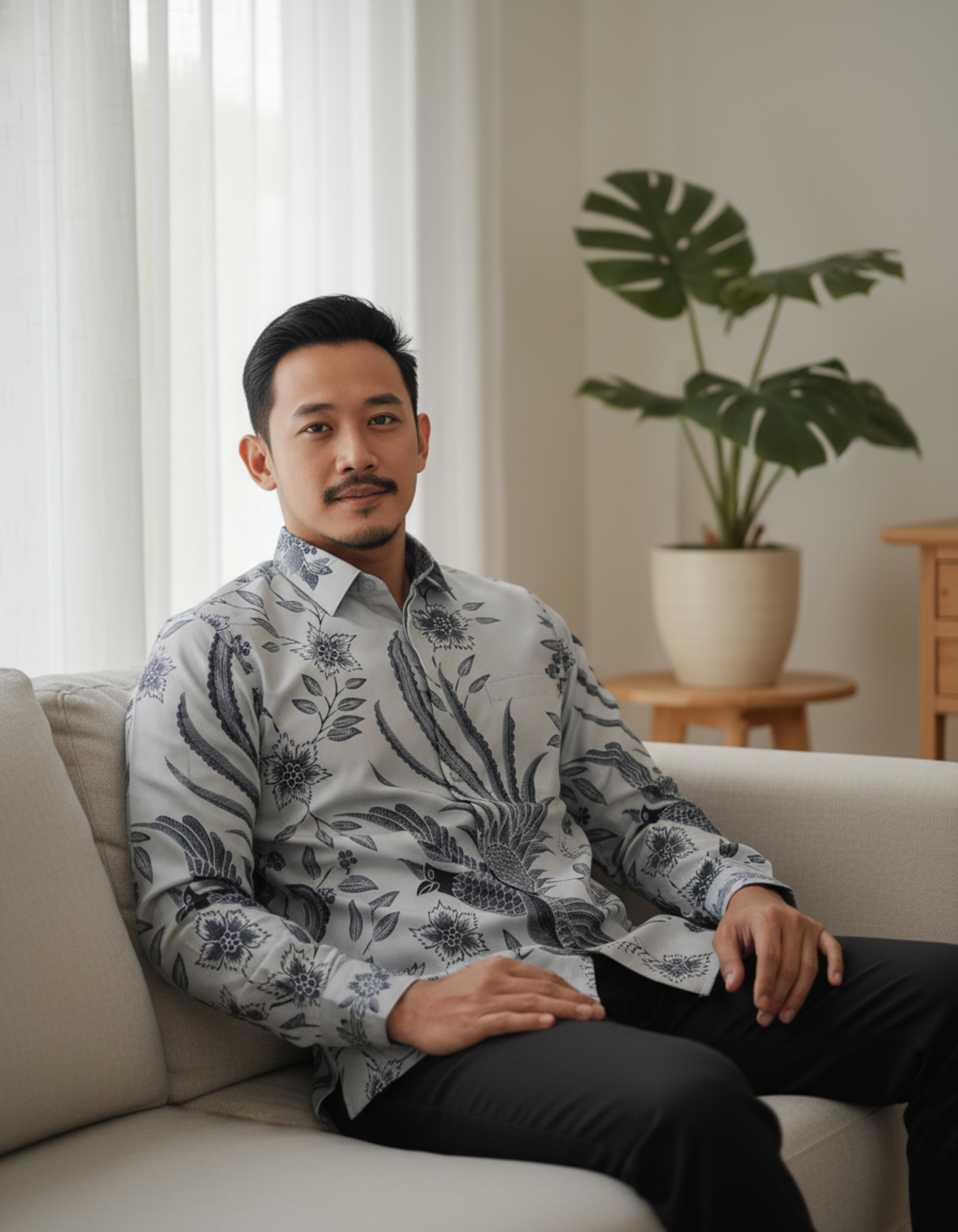 Mockup kemeja batik tulis lengan panjang motif Burung Hong (Phoenix) dalam palet warna abu yang tenang di atas kain katun primissima.