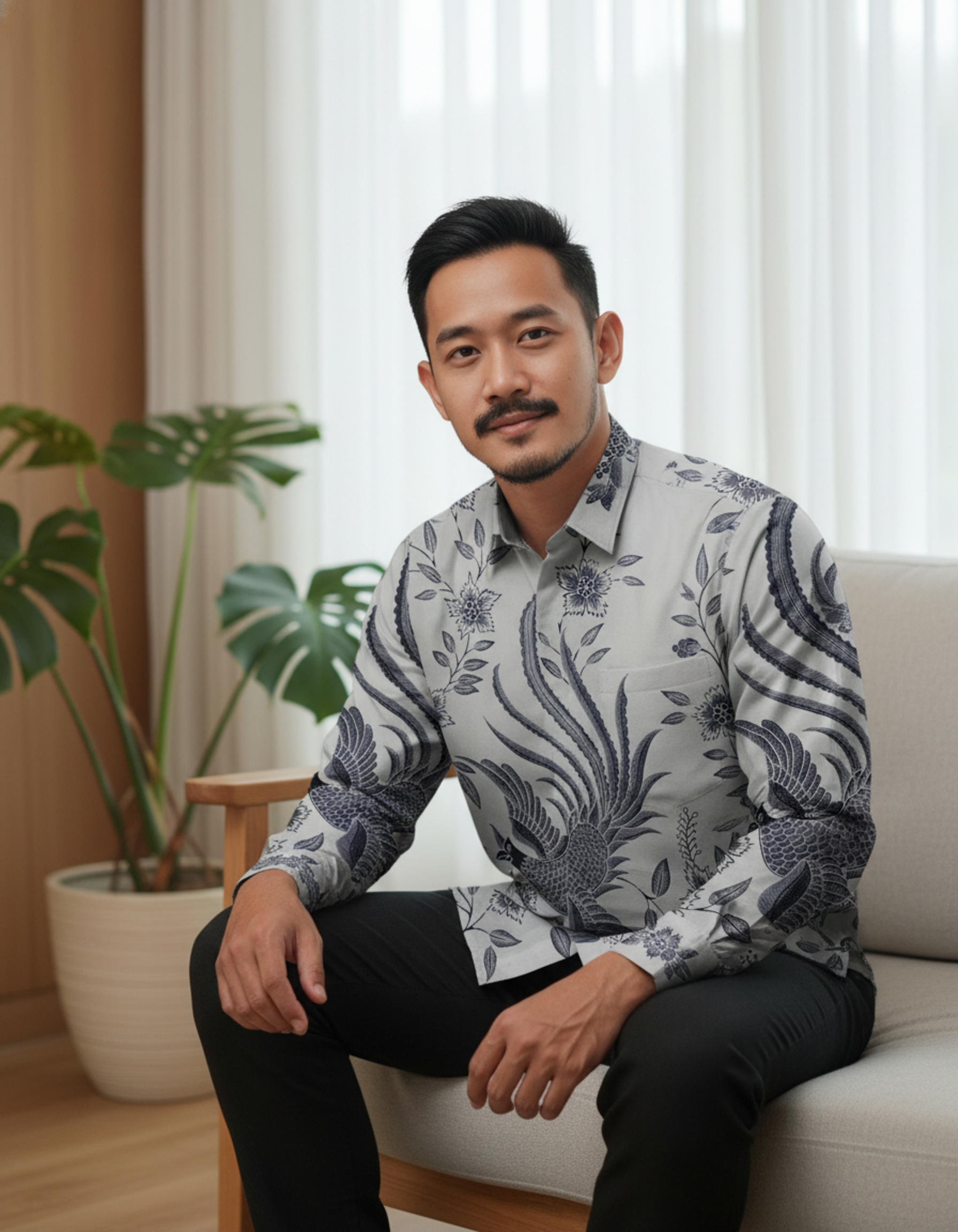 Mockup kemeja batik tulis lengan panjang motif Burung Hong (Phoenix) dalam palet warna abu yang tenang di atas kain katun primissima.