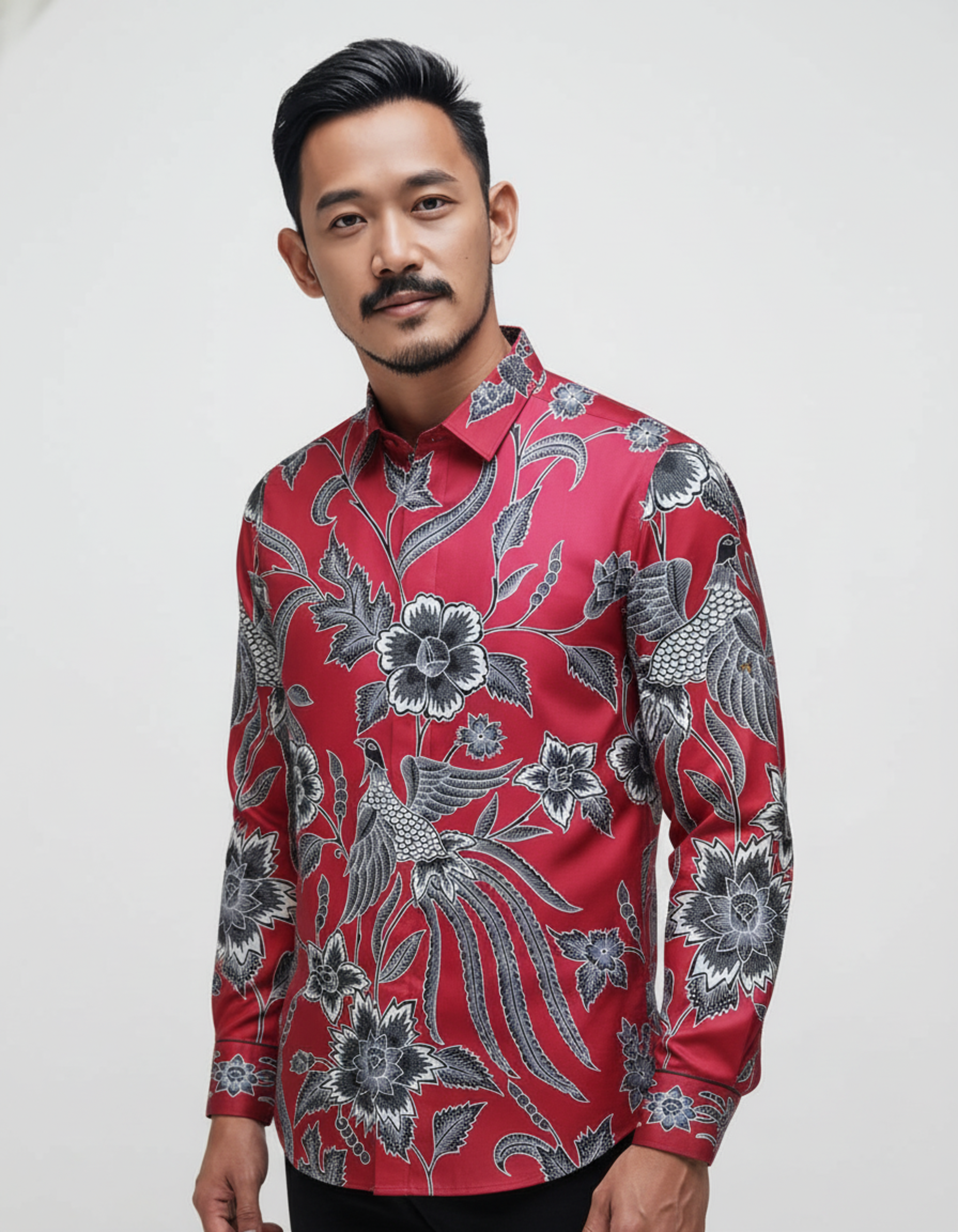 Kemeja batik tulis sutra merah dengan motif burung Cendrawasih dan flora abu-abu, memancarkan kesan mewah dan berwibawa.