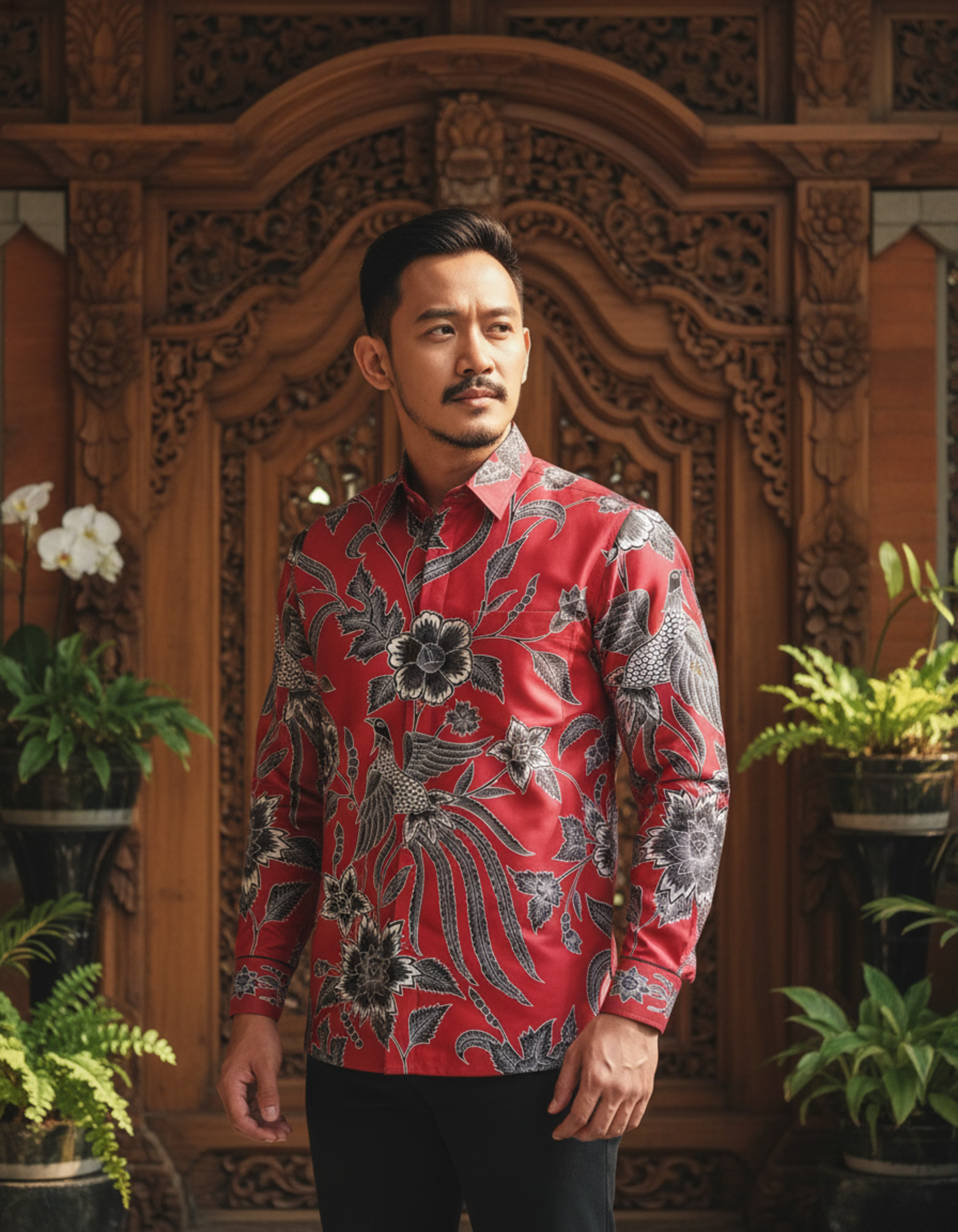 Kemeja batik tulis sutra merah dengan motif burung Cendrawasih dan flora abu-abu, memancarkan kesan mewah dan berwibawa.
