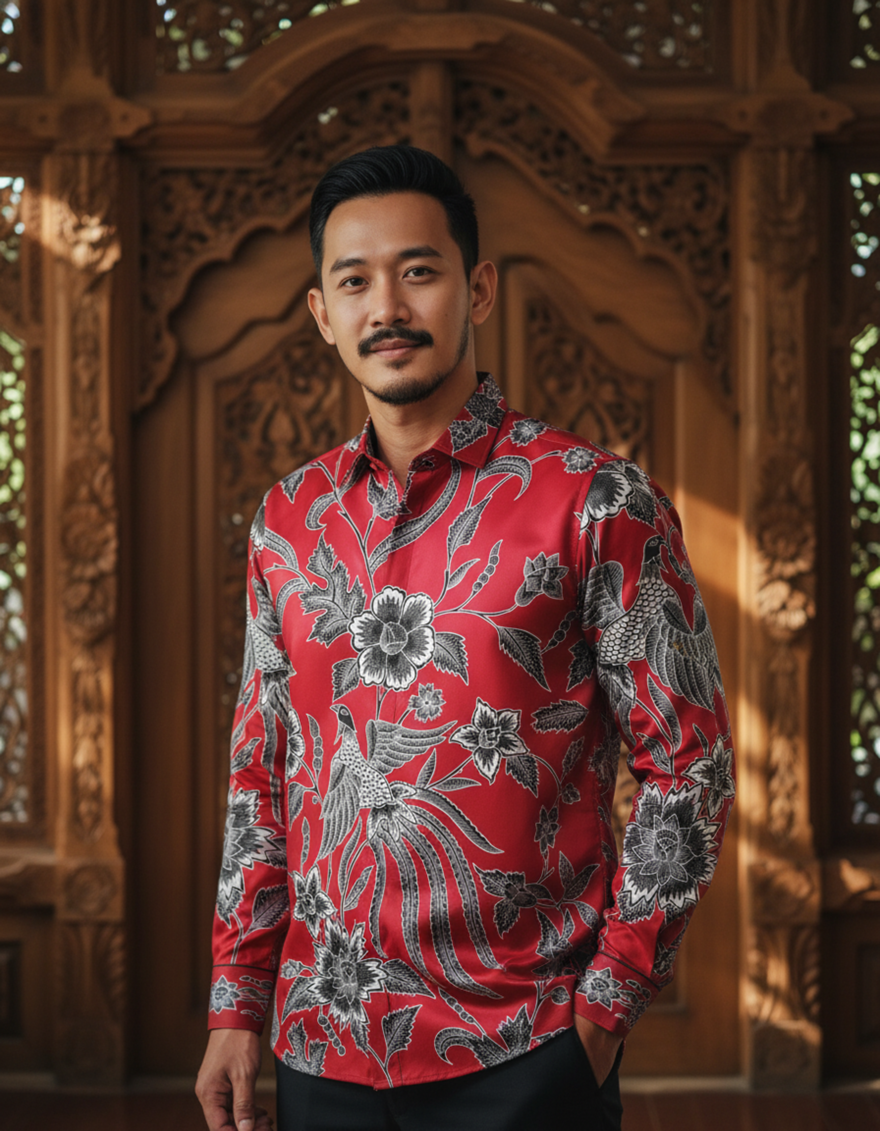 Kemeja batik tulis sutra merah dengan motif burung Cendrawasih dan flora abu-abu, memancarkan kesan mewah dan berwibawa.