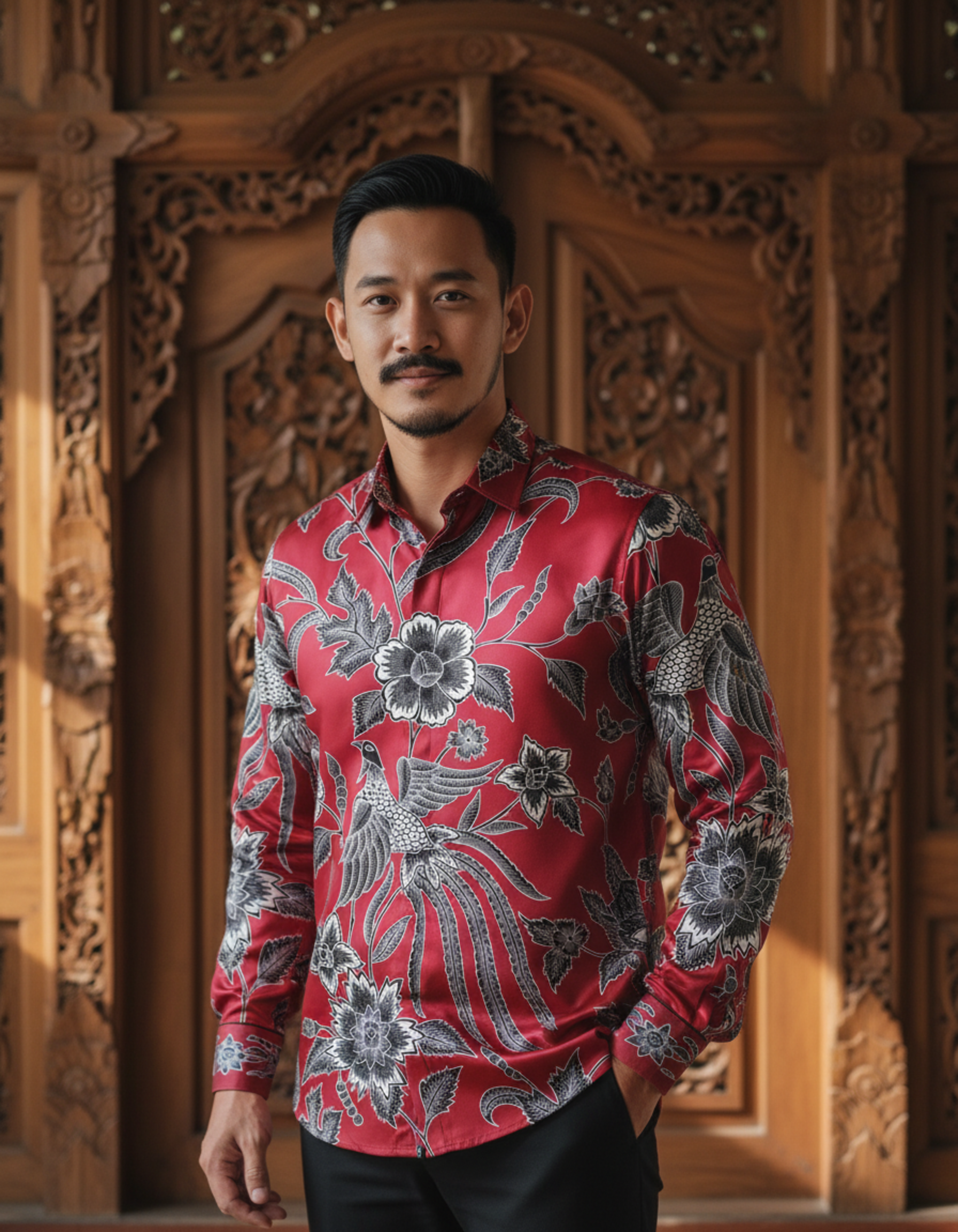 Kemeja batik tulis sutra merah dengan motif burung Cendrawasih dan flora abu-abu, memancarkan kesan mewah dan berwibawa.