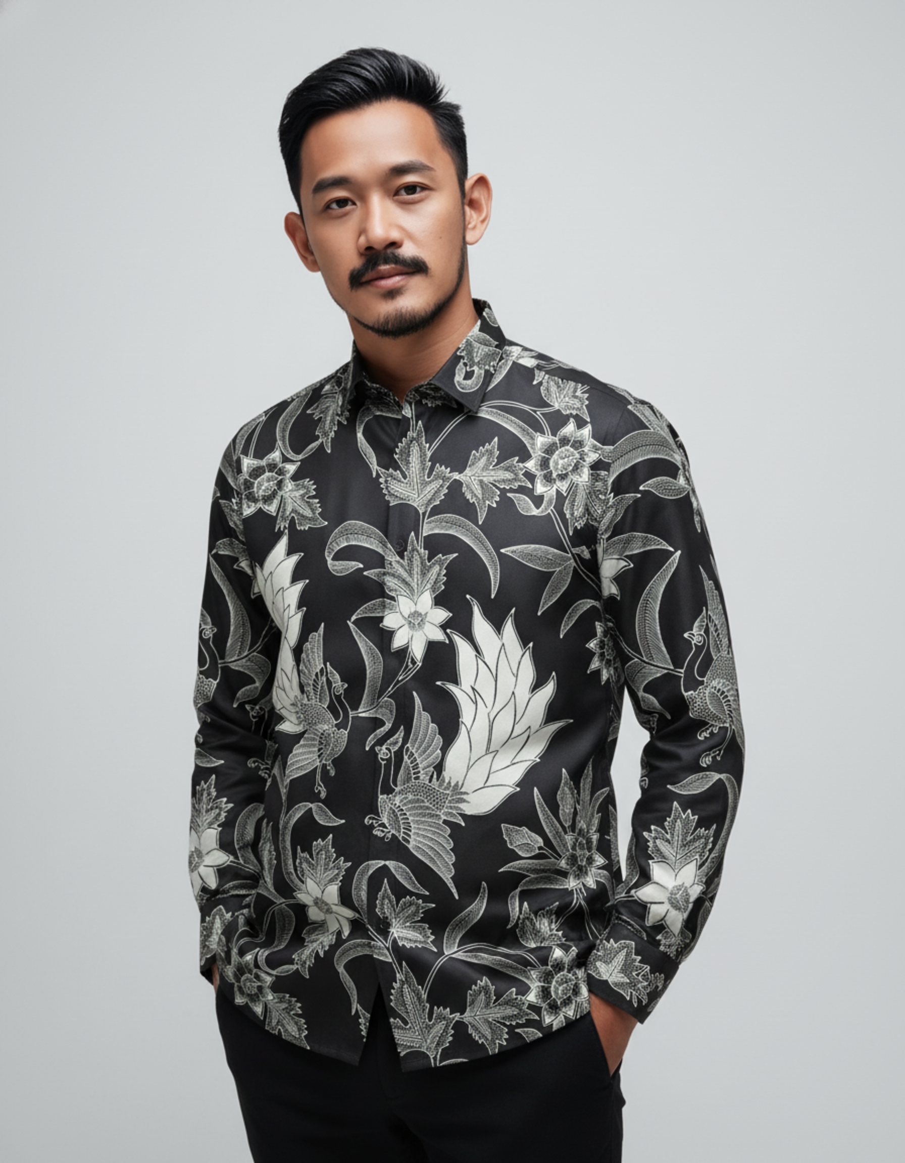 Mockup kemeja batik tulis motif Candra Paksi dengan detail burung dan flora dalam nuansa monokrom elegan.