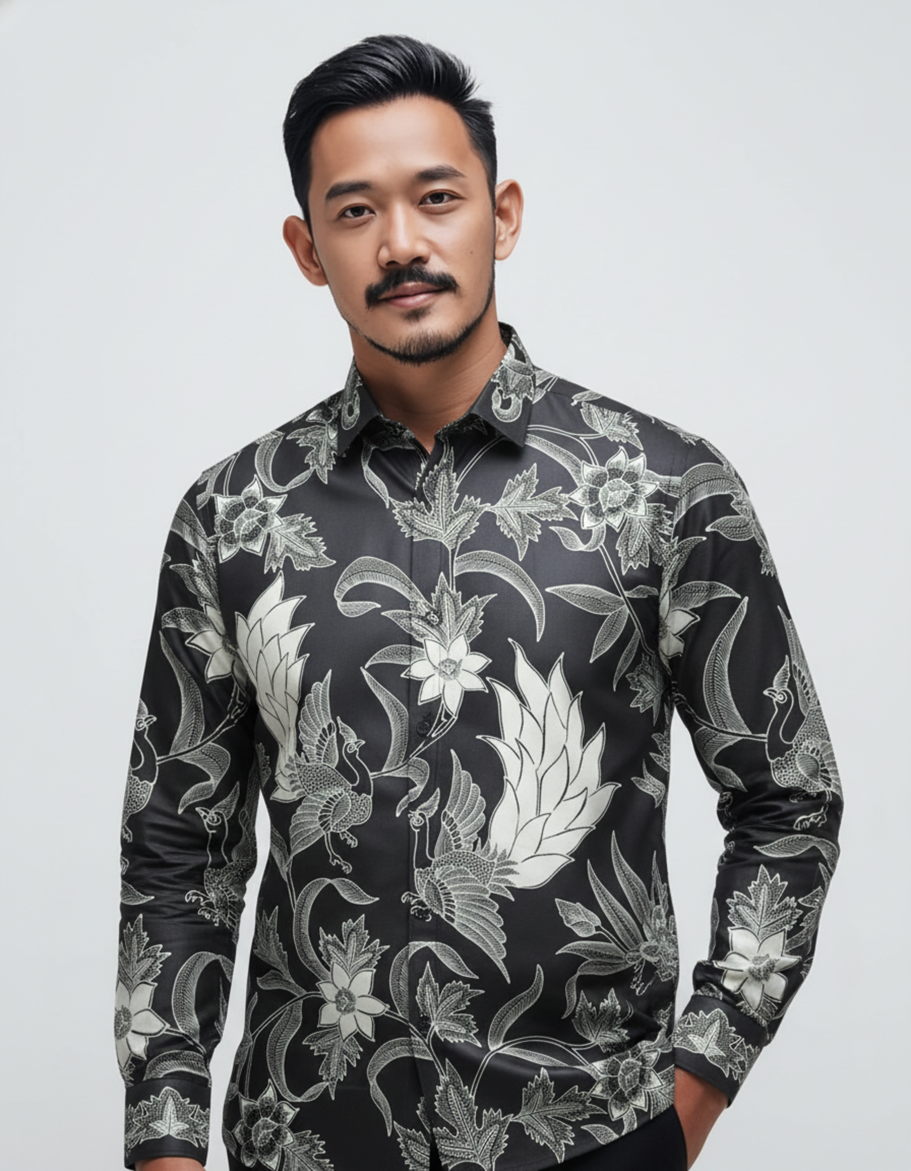 Mockup kemeja batik tulis motif Candra Paksi dengan detail burung dan flora dalam nuansa monokrom elegan.
