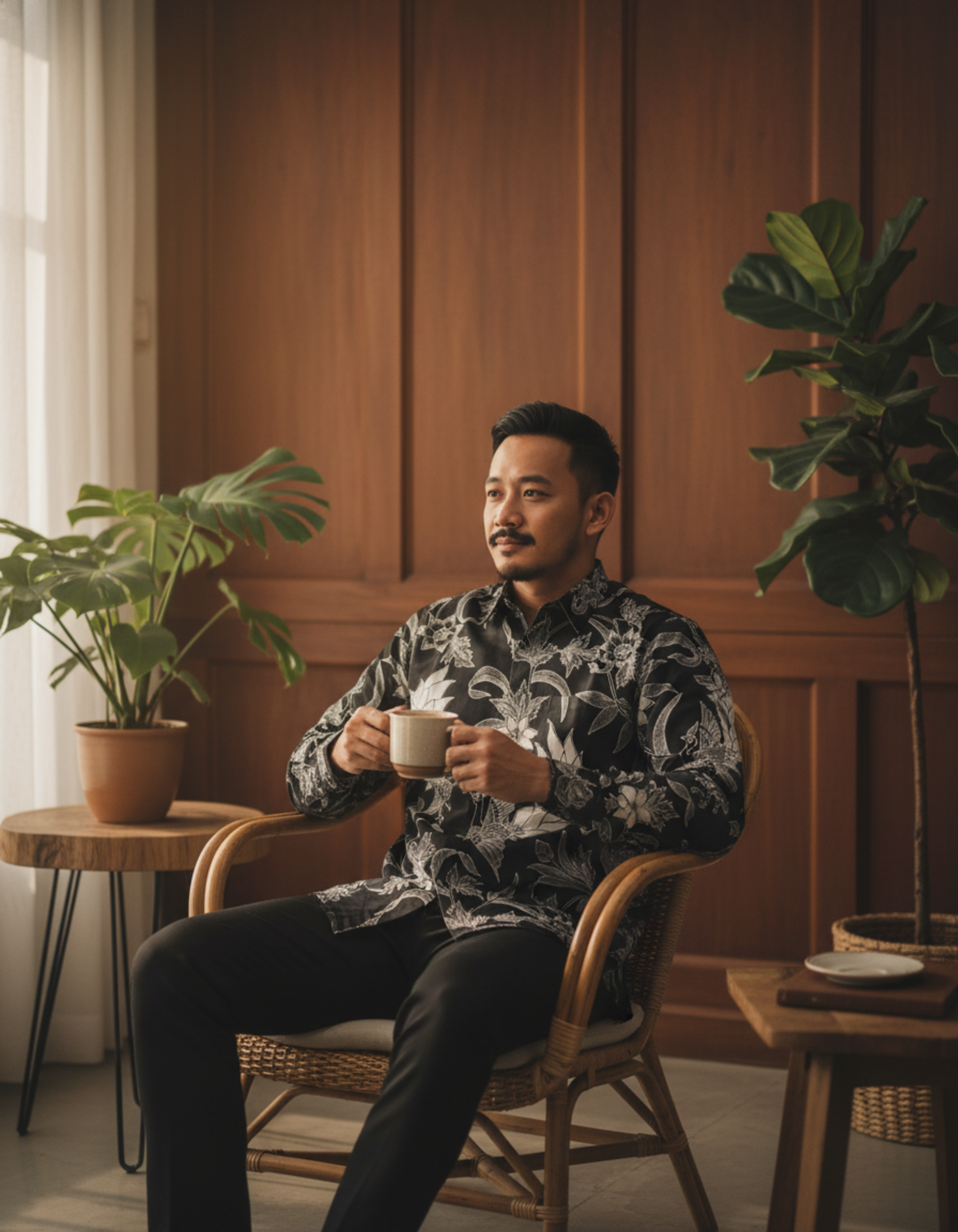 Mockup kemeja batik tulis motif Candra Paksi dengan detail burung dan flora dalam nuansa monokrom elegan.