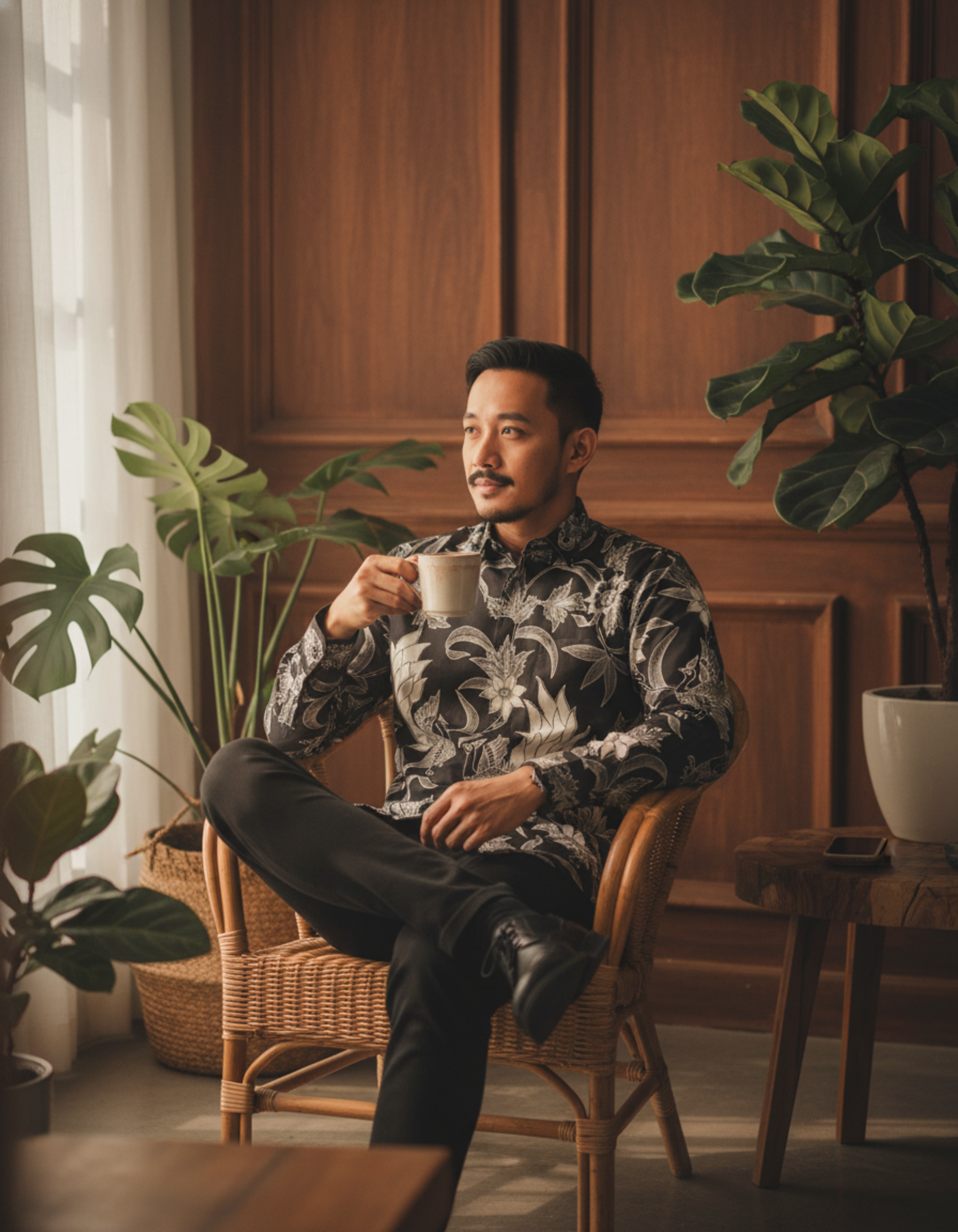 Mockup kemeja batik tulis motif Candra Paksi dengan detail burung dan flora dalam nuansa monokrom elegan.