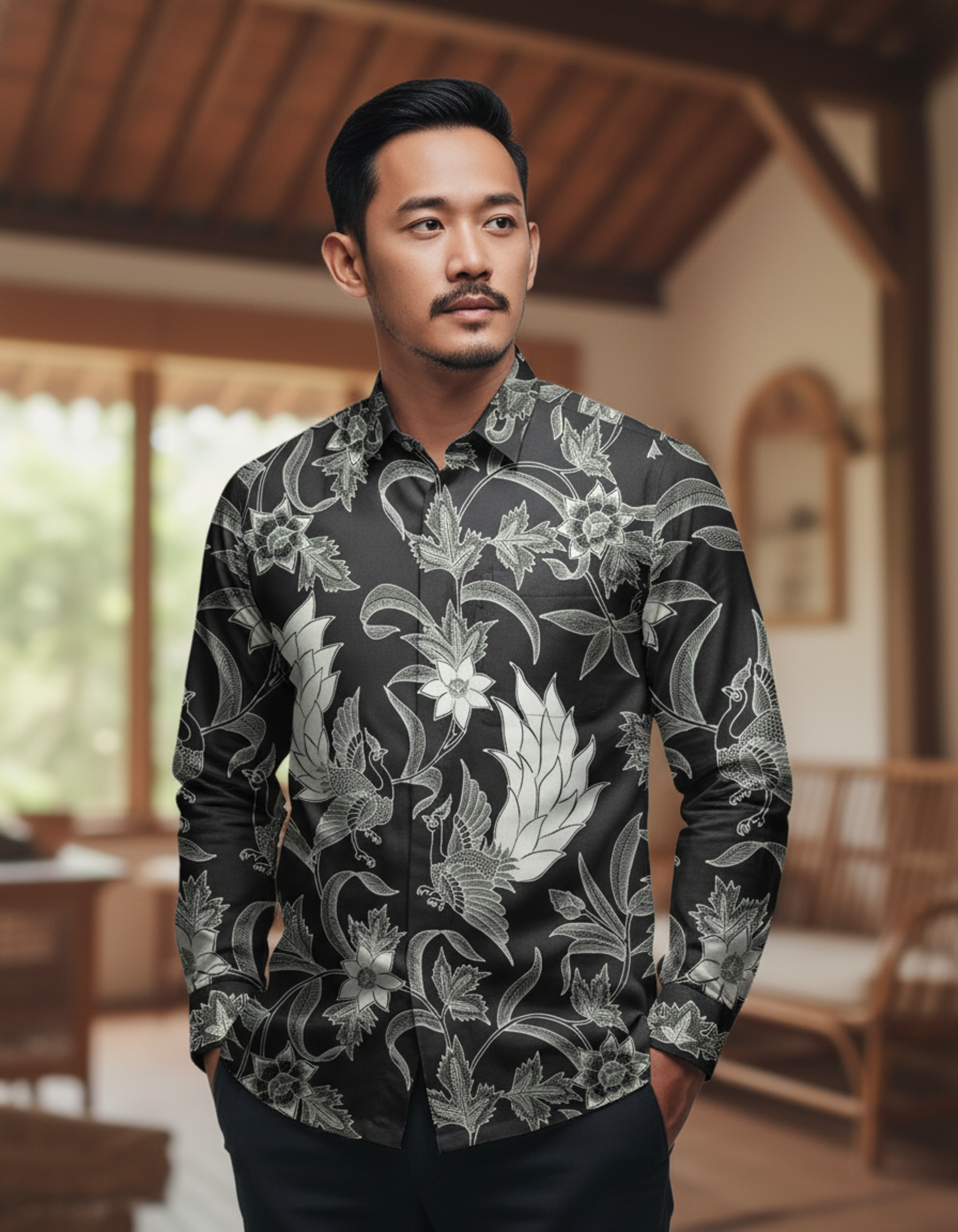 Mockup kemeja batik tulis motif Candra Paksi dengan detail burung dan flora dalam nuansa monokrom elegan.
